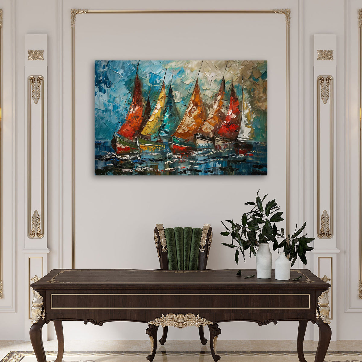 Barche a vela colorate sul mare in stile espressivo quadro