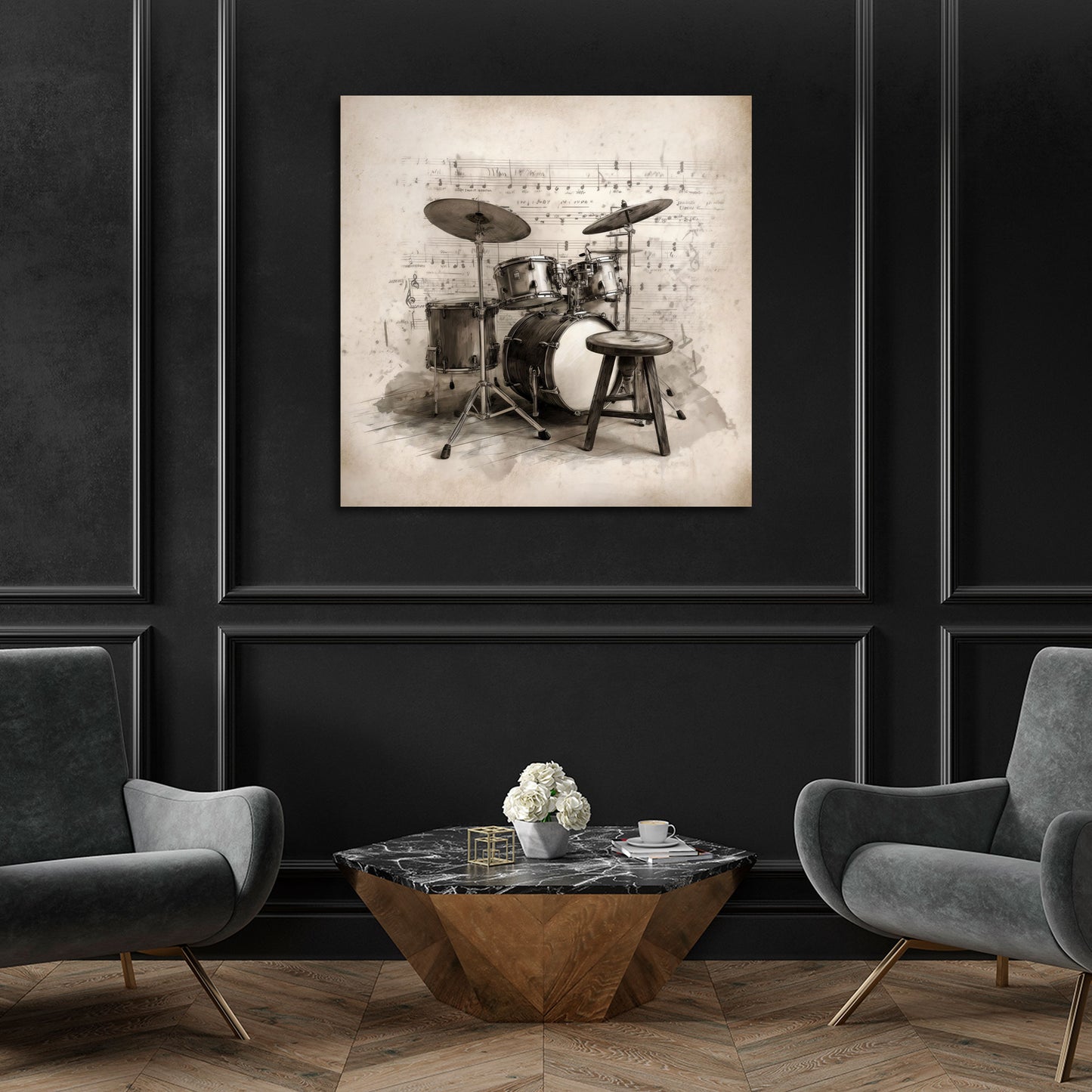 Batteria strumento musicale spartito stile vintage sgabello quadro