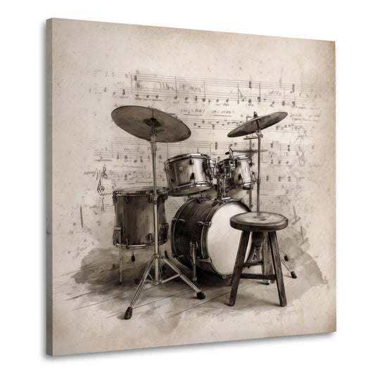 Batteria strumento musicale spartito stile vintage sgabello quadro