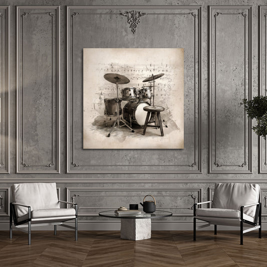 Batteria strumento musicale spartito stile vintage sgabello quadro