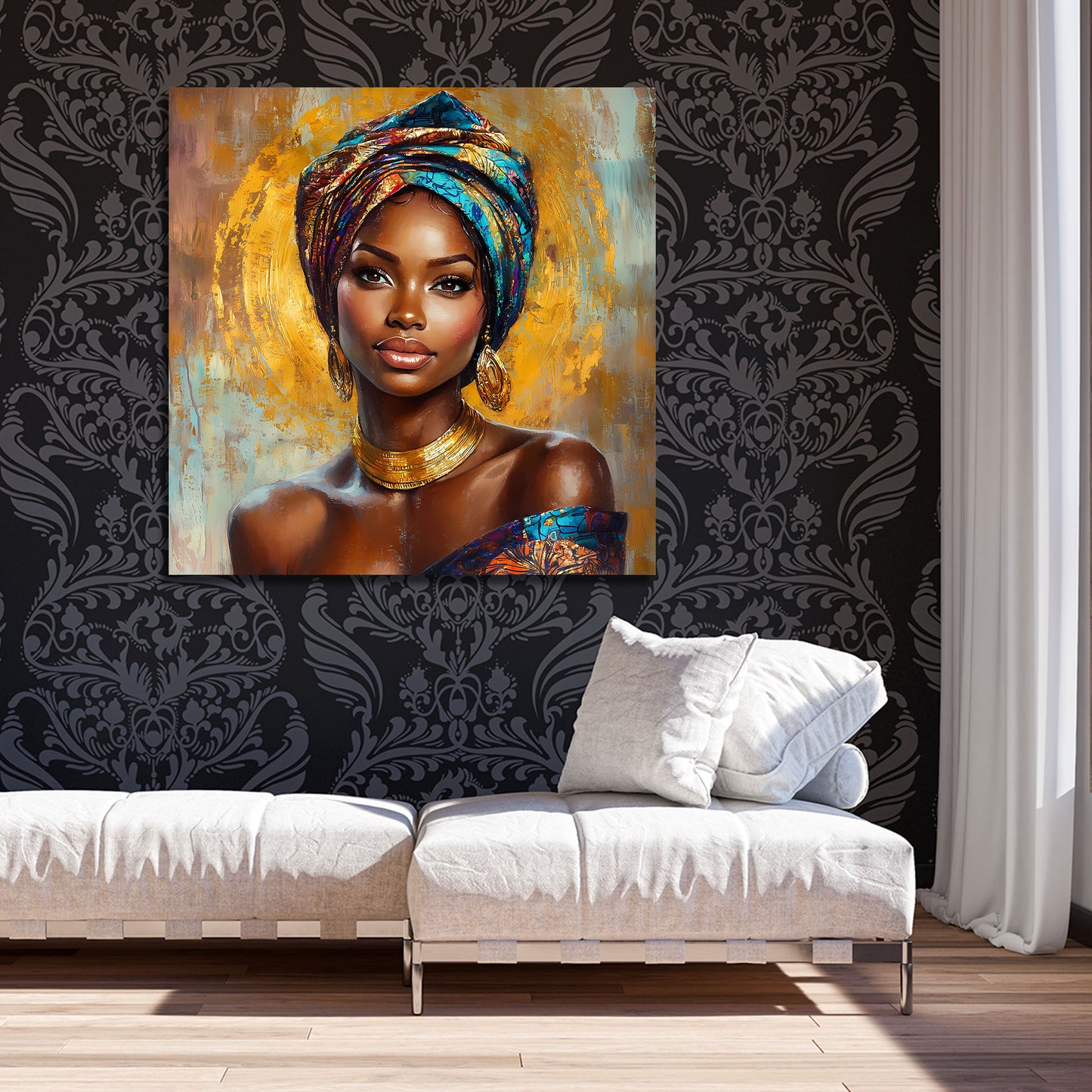 Bellezza africana ritratto raffinato con turbante oro quadro