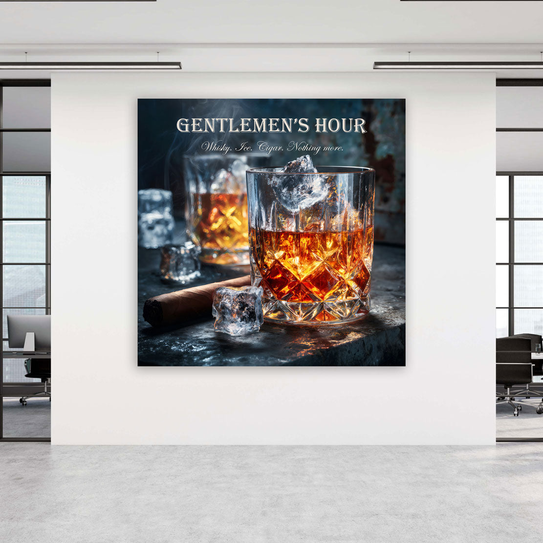 Bicchiere whisky cubetti ghiaccio sigaro eleganza quadro