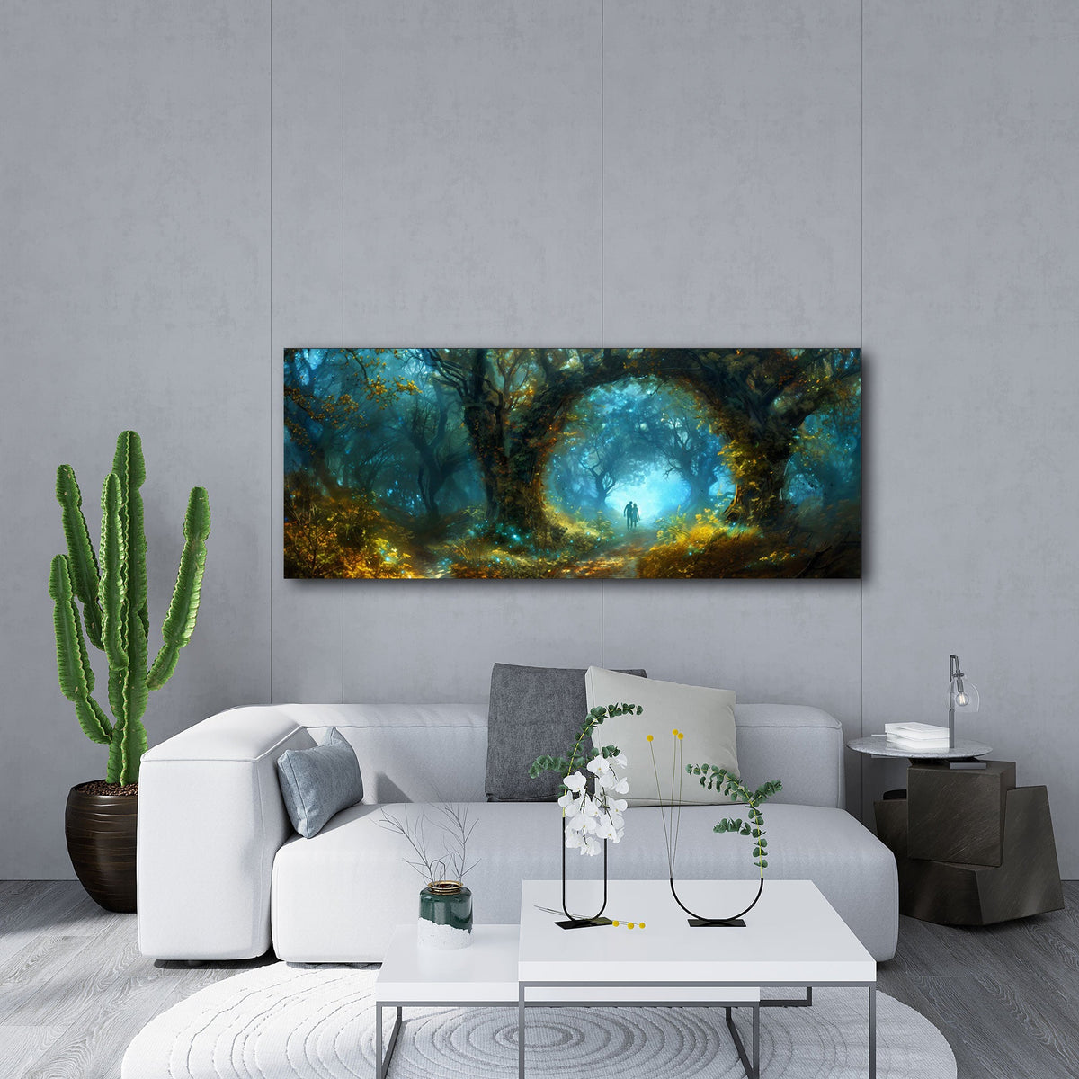 Bosco fatato con arco di alberi e luce magica panorama quadro