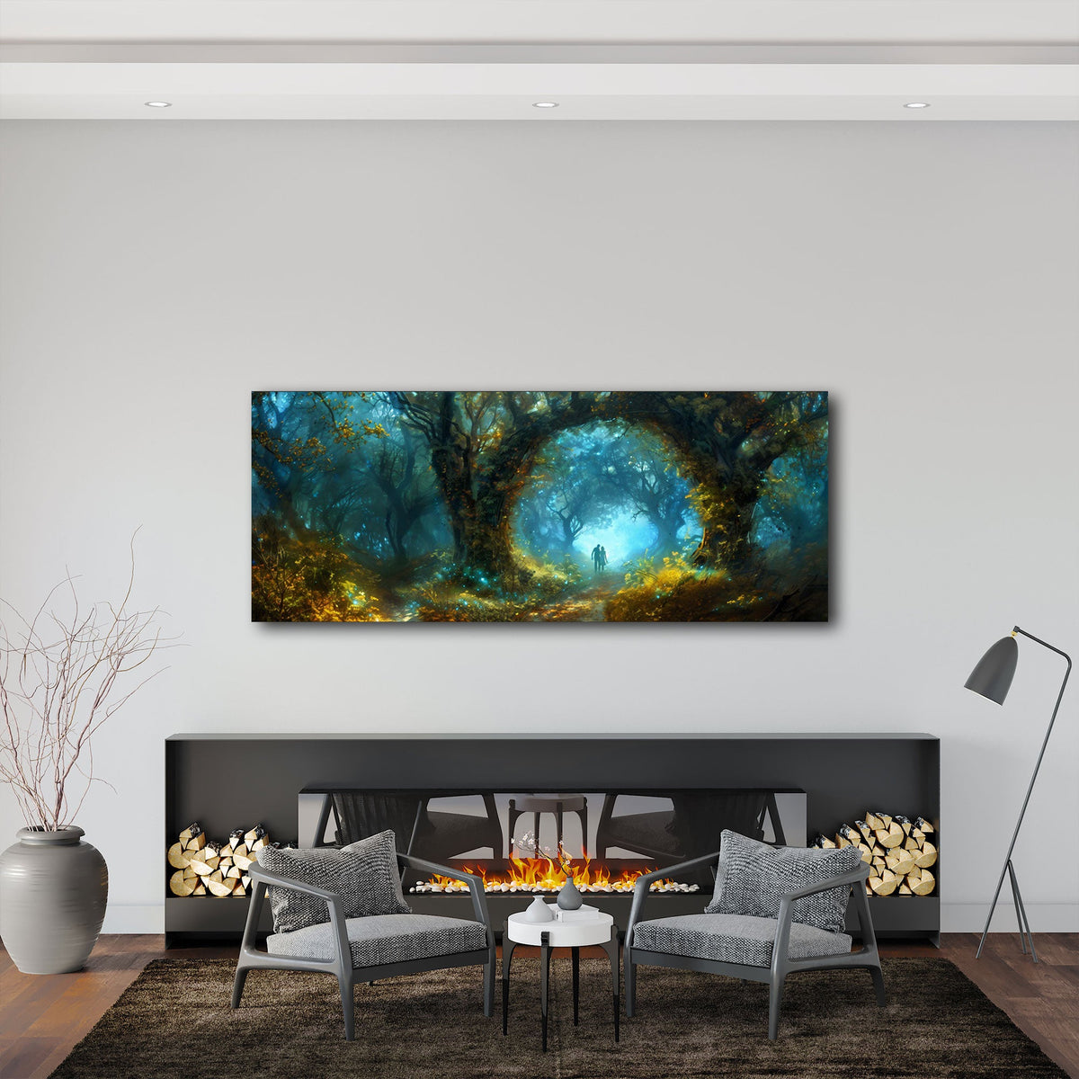 Bosco fatato con arco di alberi e luce magica panorama quadro