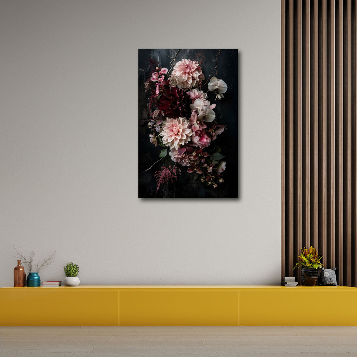 Quadro dalie rosa eleganti in soggiorno