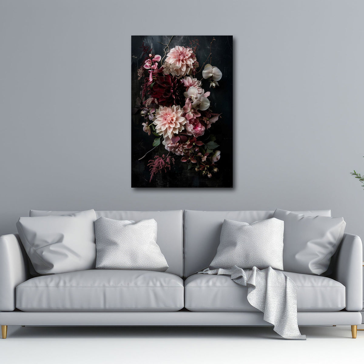 Quadro dalie rosa eleganti ambientato