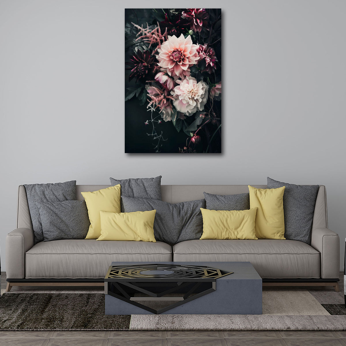 Bouquet rigoglioso di dalie chiare in atmosfera scura quadro