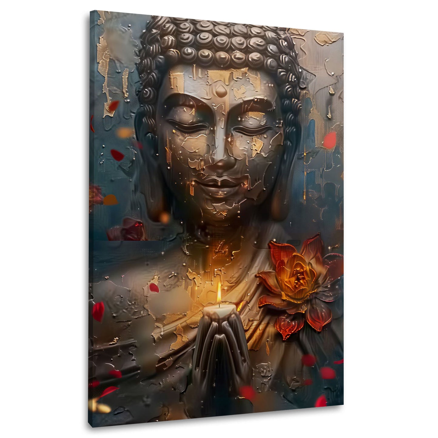 Buddha statua meditazione candela fiore loto struttura dorata zen quadro