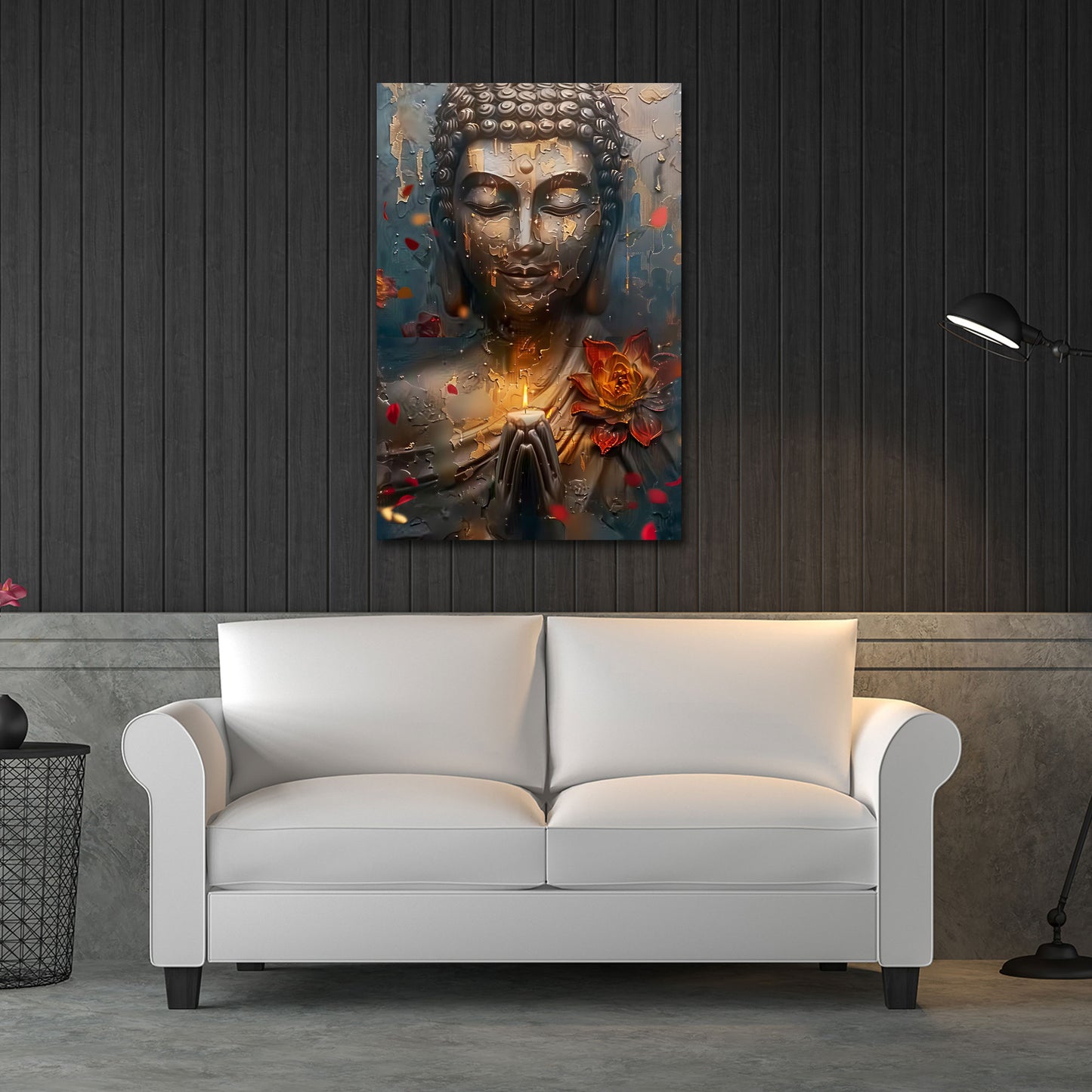 Buddha statua meditazione candela fiore loto struttura dorata zen quadro