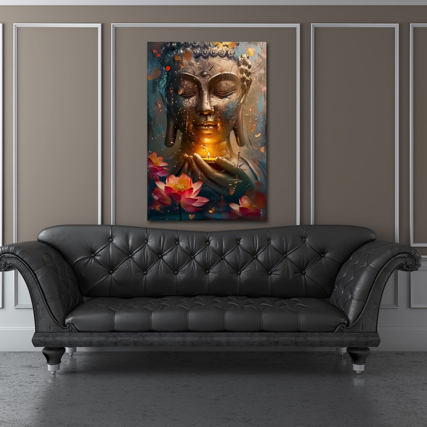 Buddha statua meditazione candela fiori loto calma spirituale quadro
