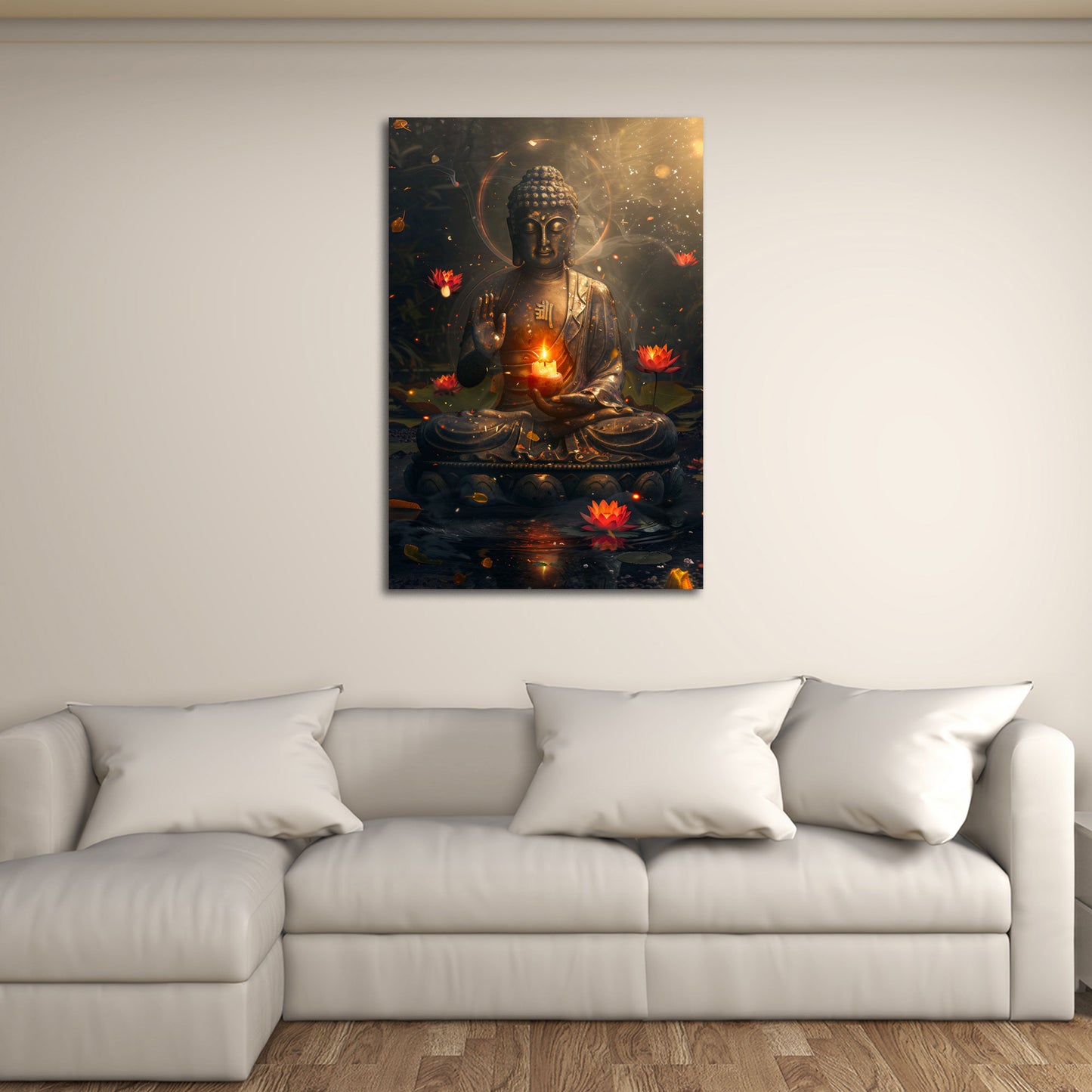 Buddha statua meditazione candela fiori loto calma zen quadro