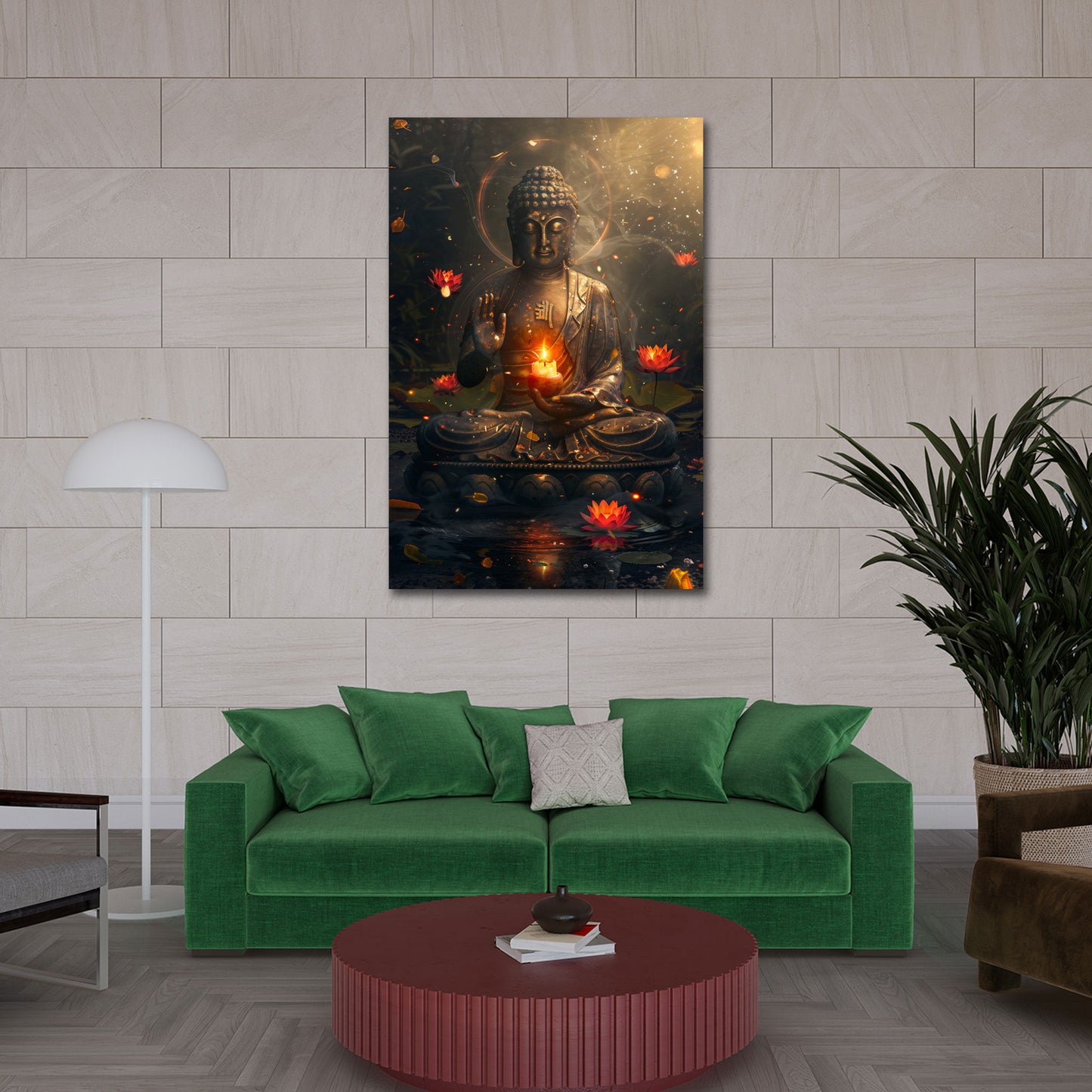 Buddha statua meditazione candela fiori loto calma zen quadro