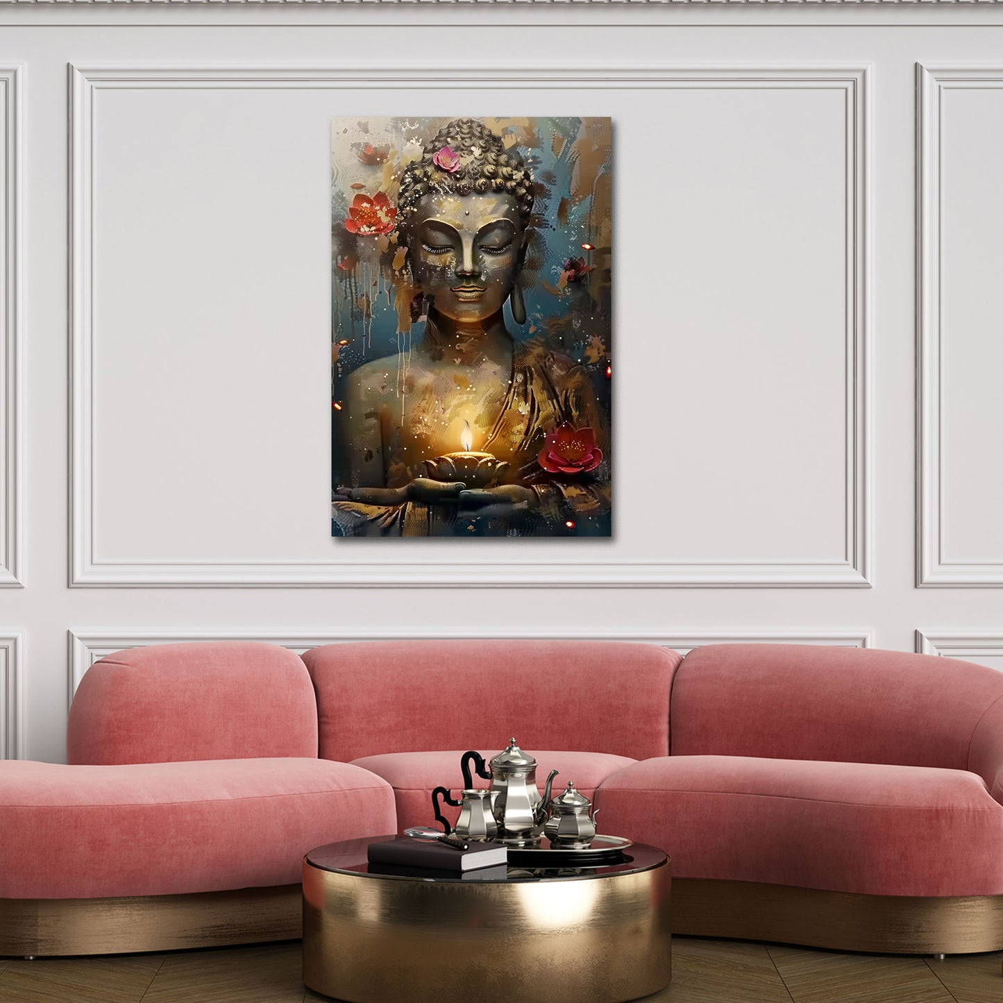 Buddha statua meditazione candela fiori loto oro calma spirituale quadro