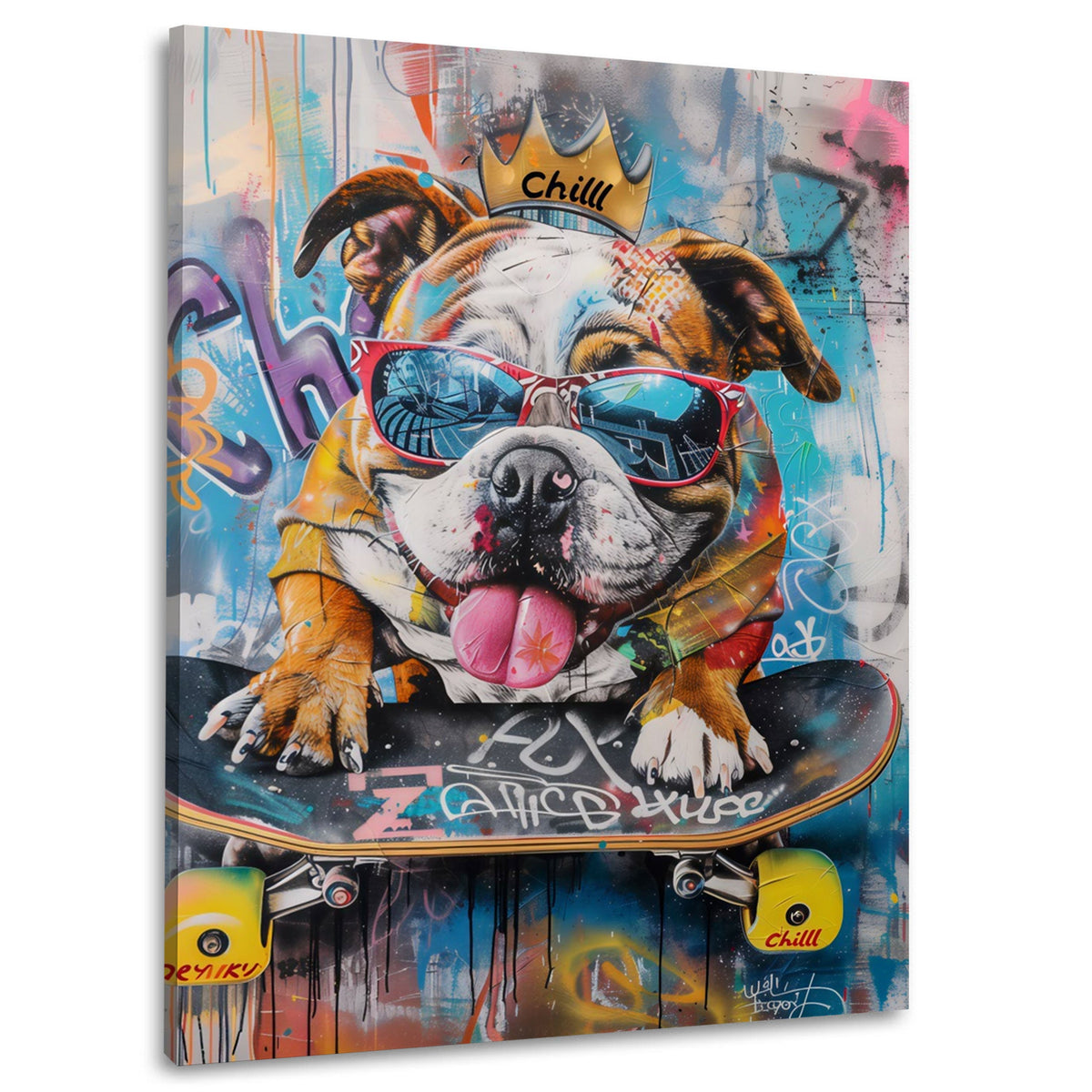 Bulldog con corona e occhiali da sole sullo skateboard quadro