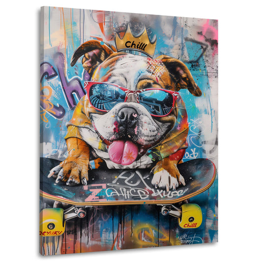 Bulldog con corona e occhiali da sole sullo skateboard quadro