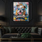 Bulldog con corona e occhiali da sole sullo skateboard quadro