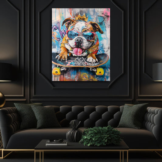 Bulldog con corona e occhiali da sole sullo skateboard quadro