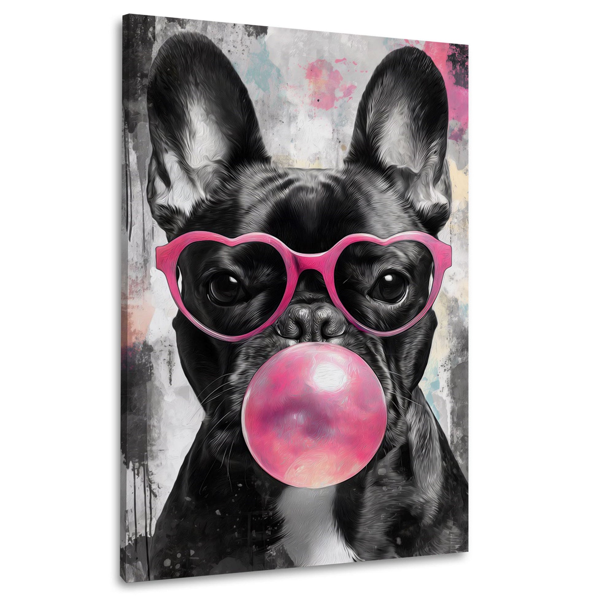 Bulldog francese con bolla di gomma rosa e occhiali quadro