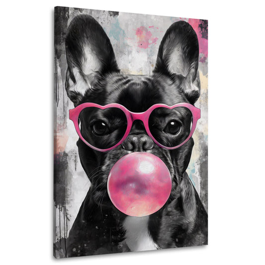Bulldog francese con bolla di gomma rosa e occhiali quadro