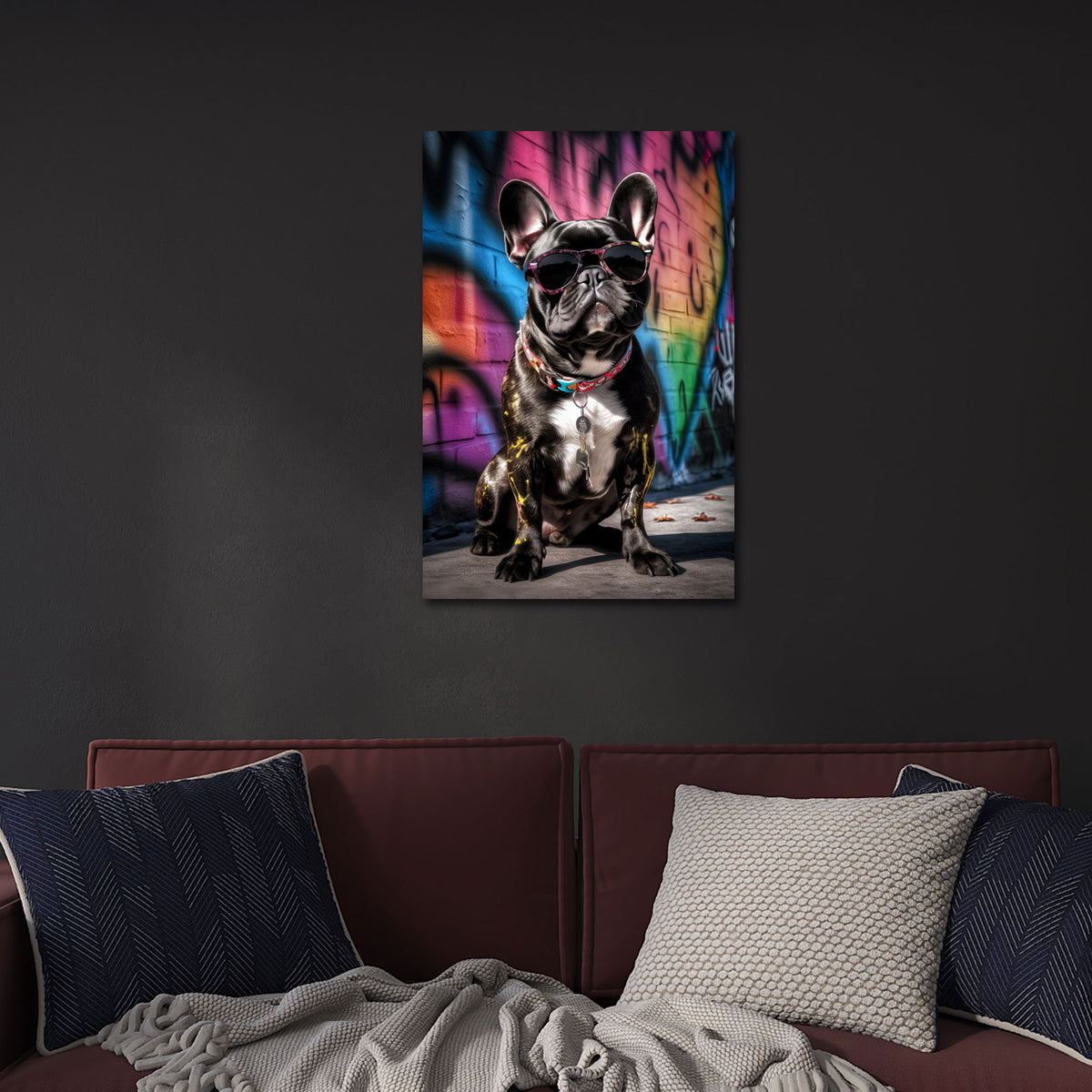 Bulldog francese con occhiali arte graffiti colorata quadro