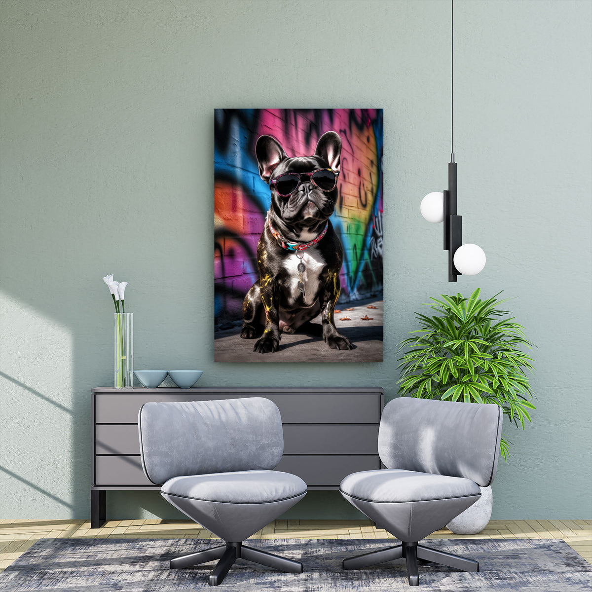 Bulldog francese con occhiali arte graffiti colorata quadro