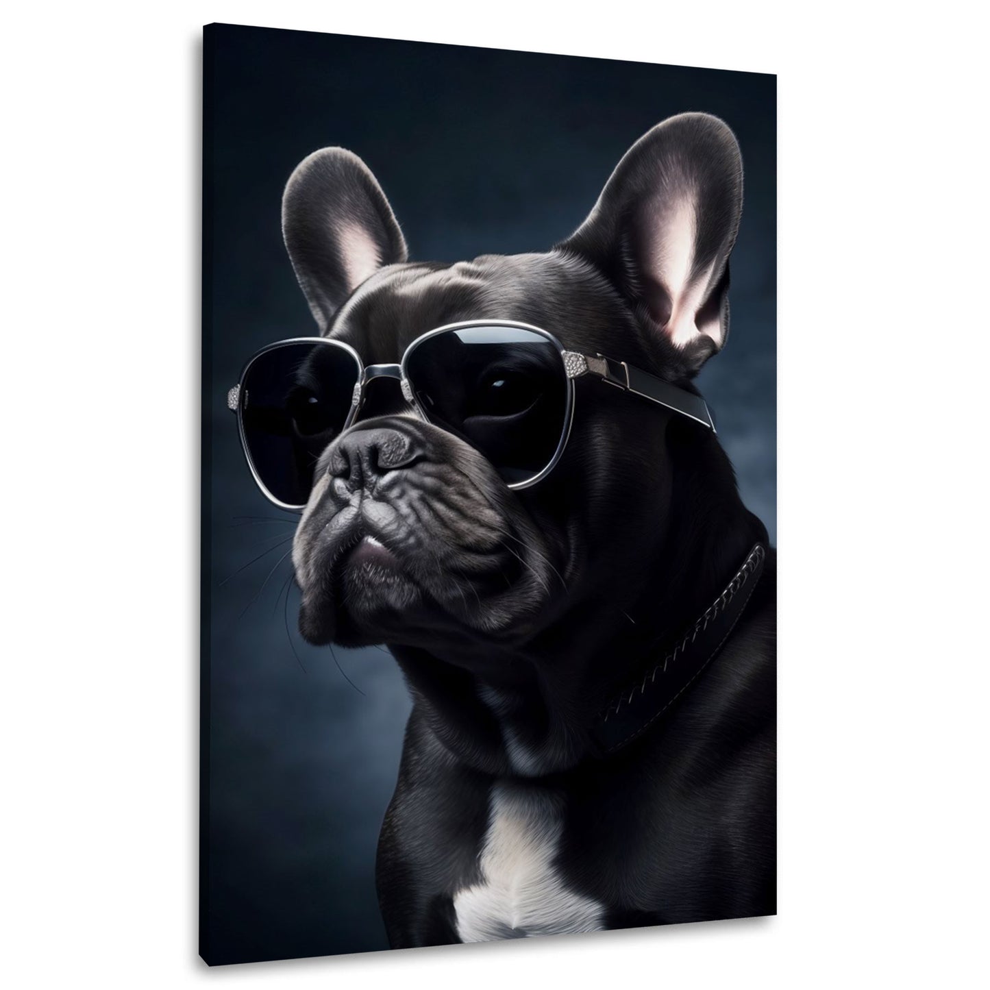 Bulldog francese con occhiali ritratto elegante sfondo scuro quadro