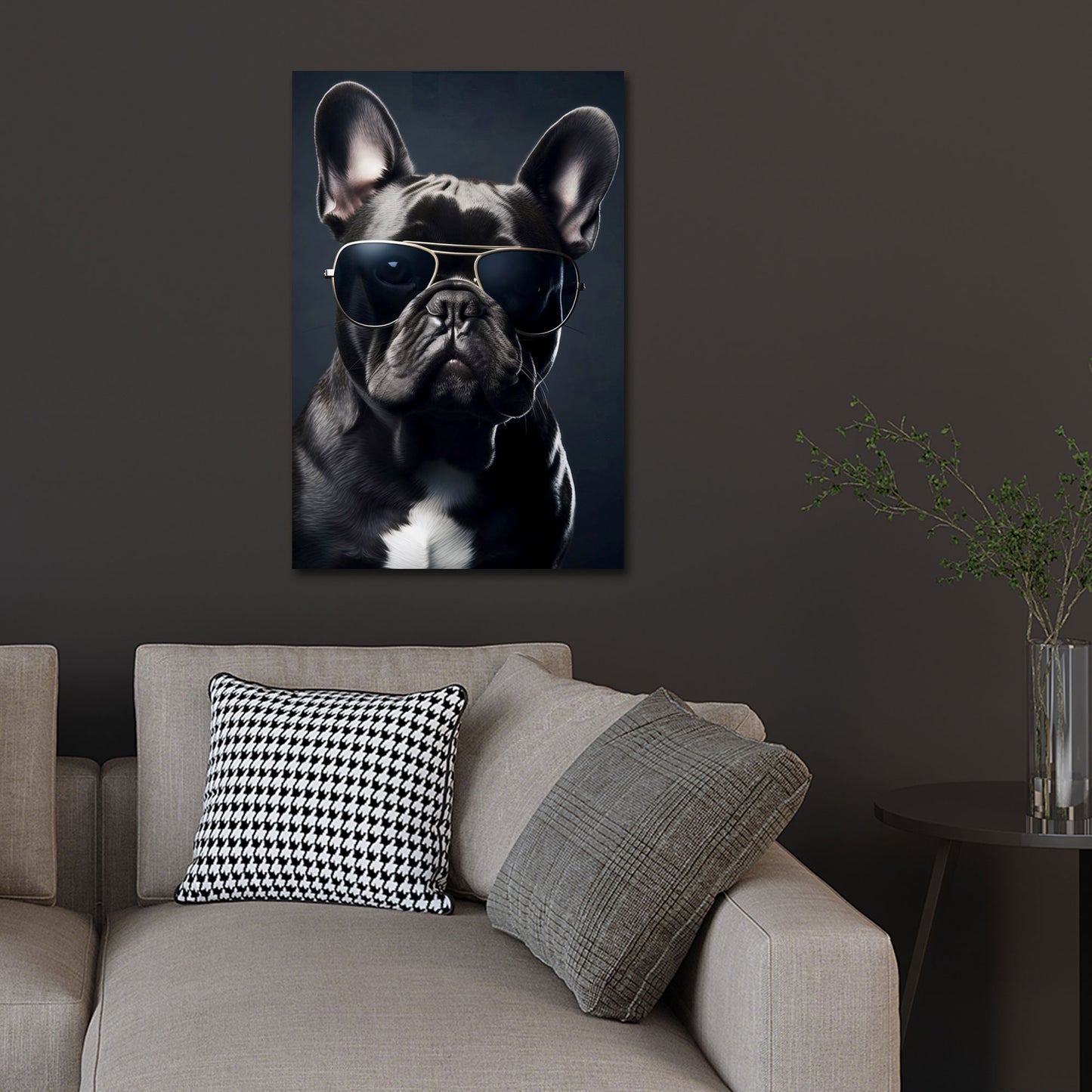 Bulldog francese con occhiali ritratto moderno sfondo scuro quadro