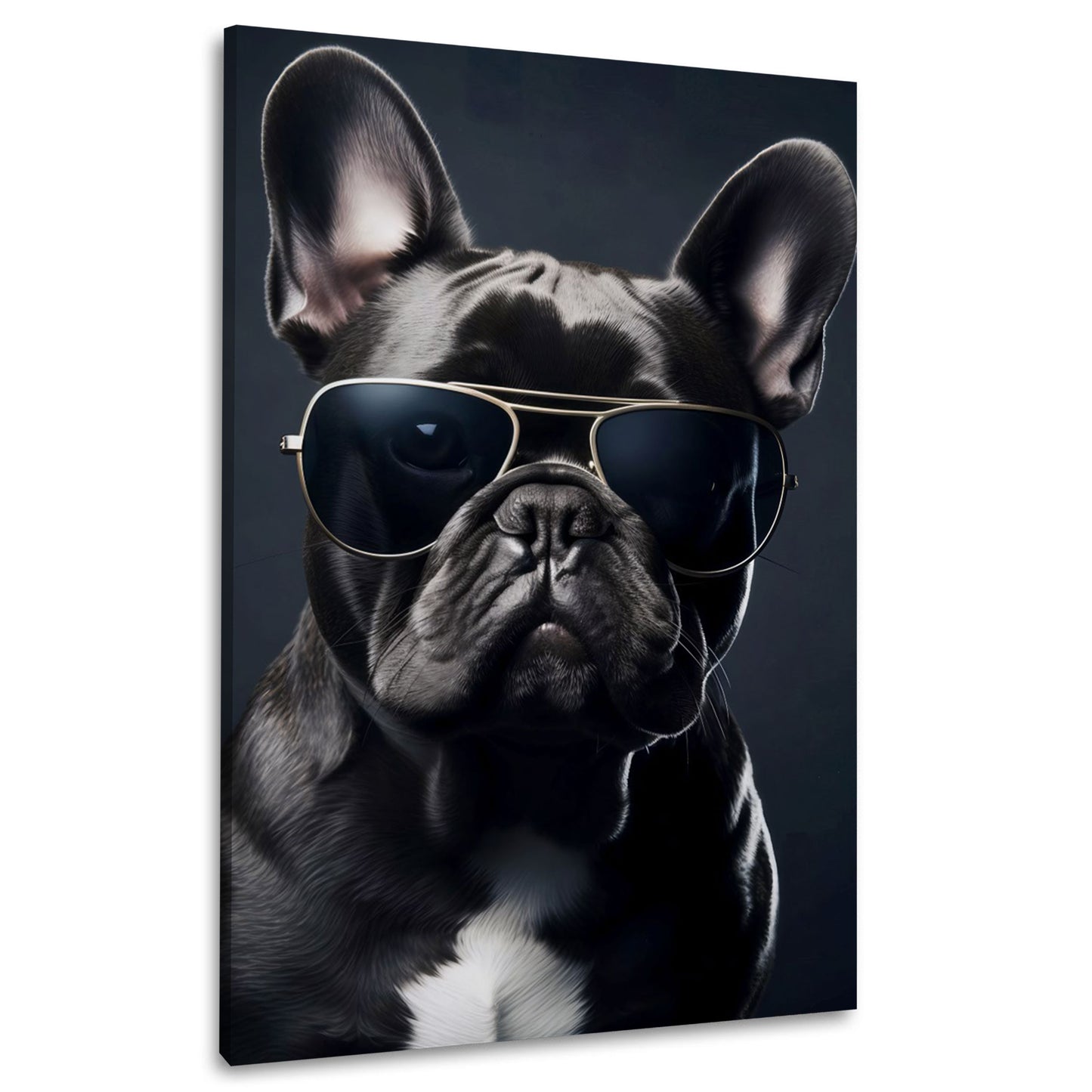 Bulldog francese con occhiali ritratto moderno sfondo scuro quadro