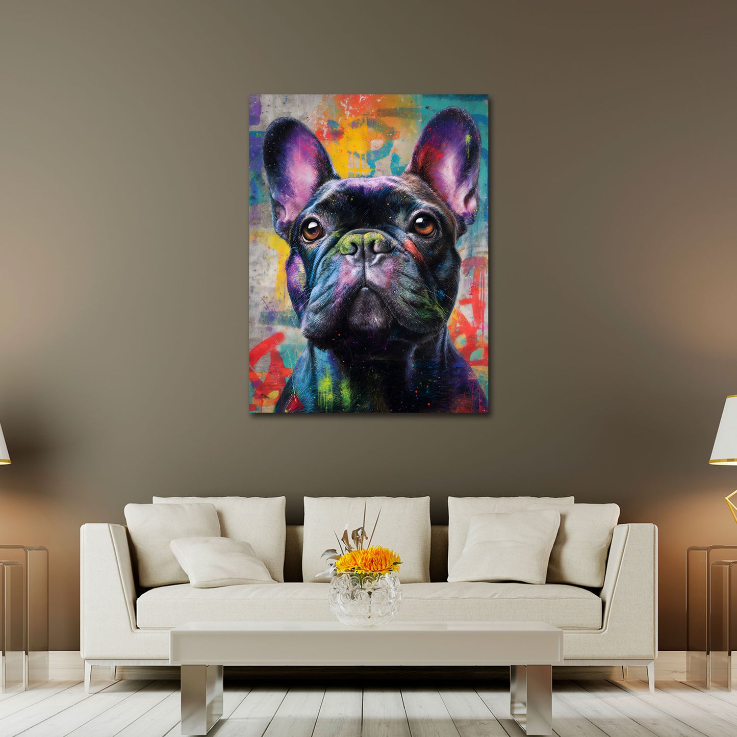 Bulldog francese Pop Art graffiti cane ritratto colorato quadro