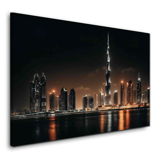 Burj Khalifa e lo skyline di Dubai di notte sul lungomare quadro