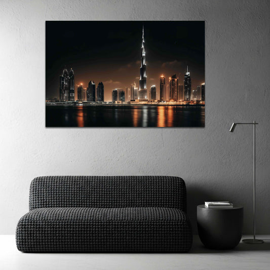 Burj Khalifa e lo skyline di Dubai di notte sul lungomare quadro