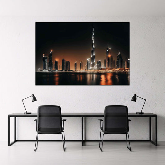 Burj Khalifa skyline di Dubai di notte visto dal lungomare quadro