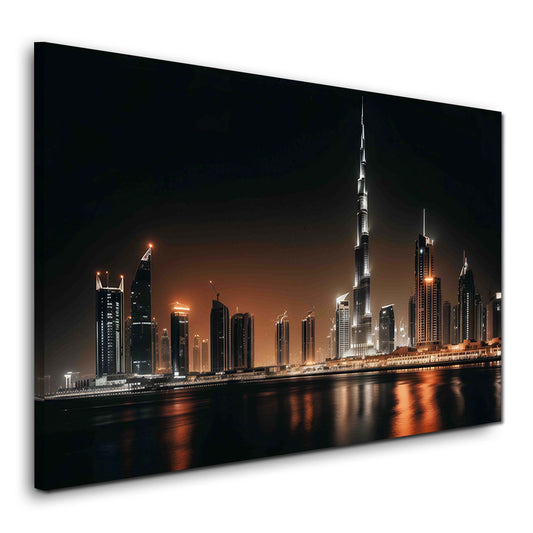 Burj Khalifa skyline di Dubai di notte visto dal lungomare quadro
