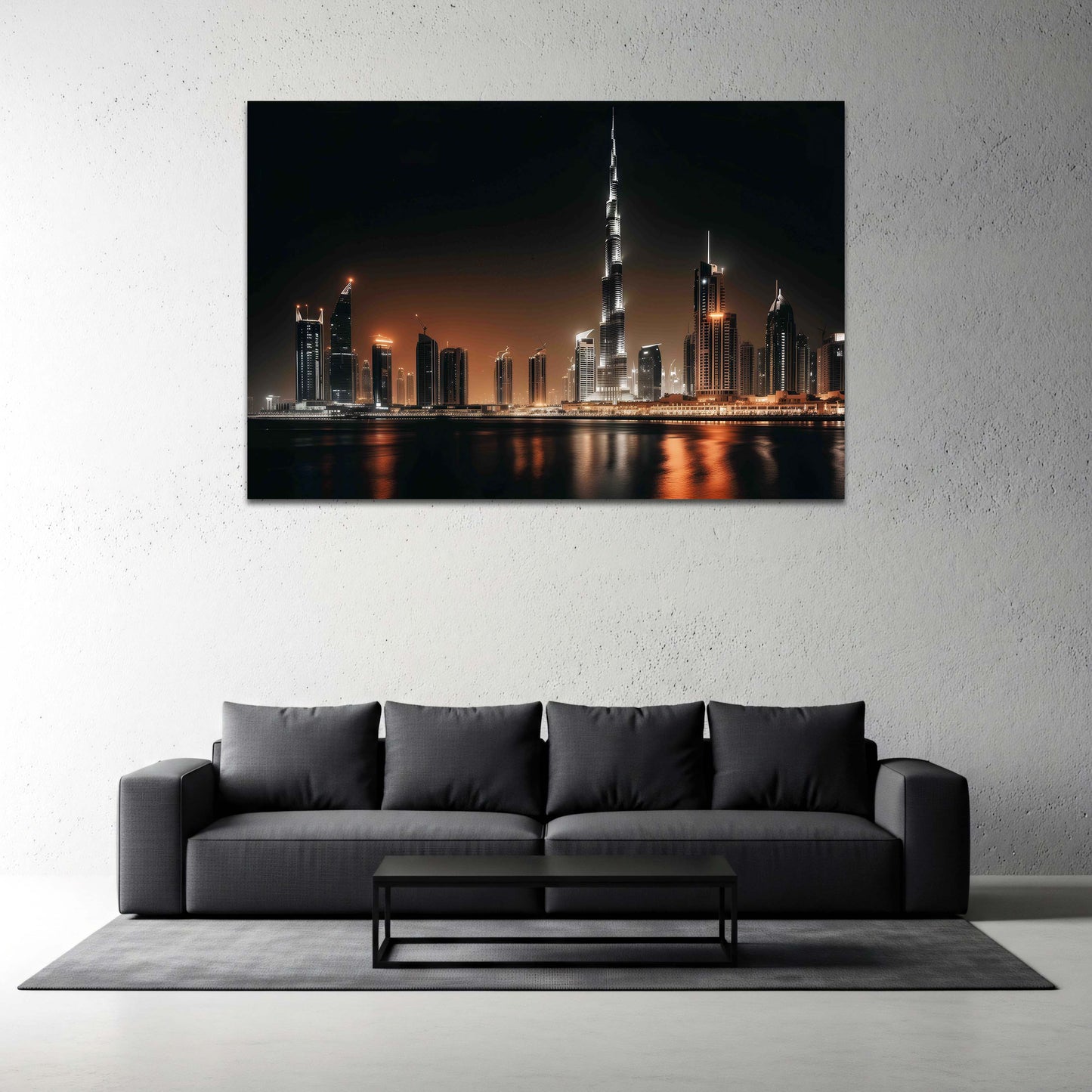 Burj Khalifa skyline di Dubai di notte visto dal lungomare quadro