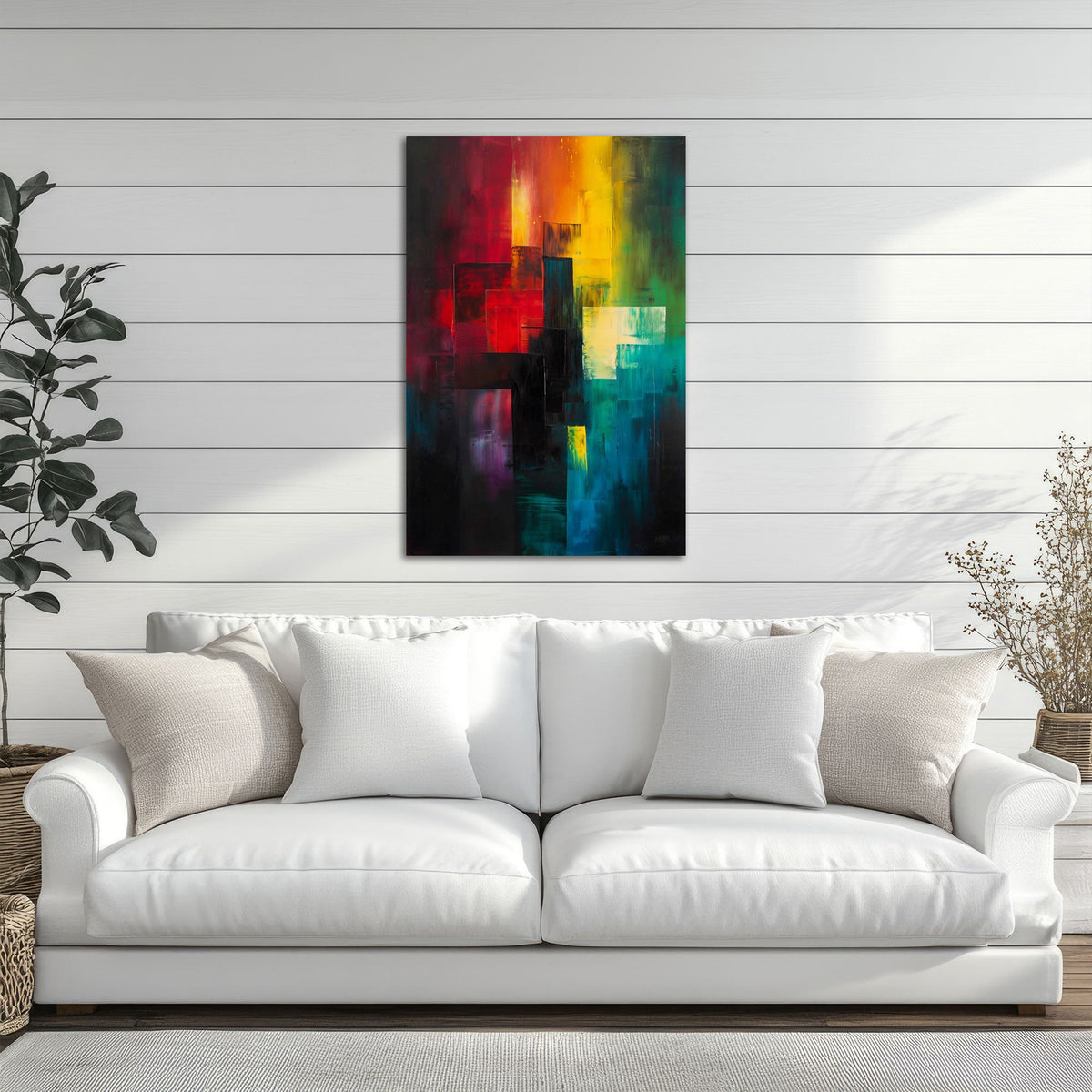 Quadro astratto rosso e blu in soggiorno