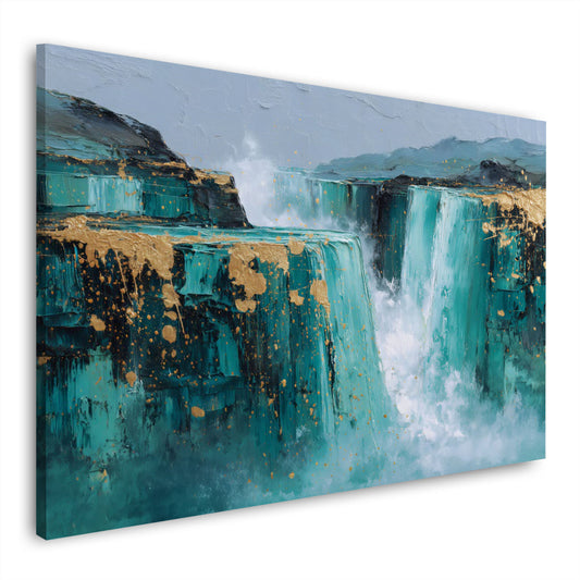 Cascata astratta natura turchese roccia accenti oro arte quadro