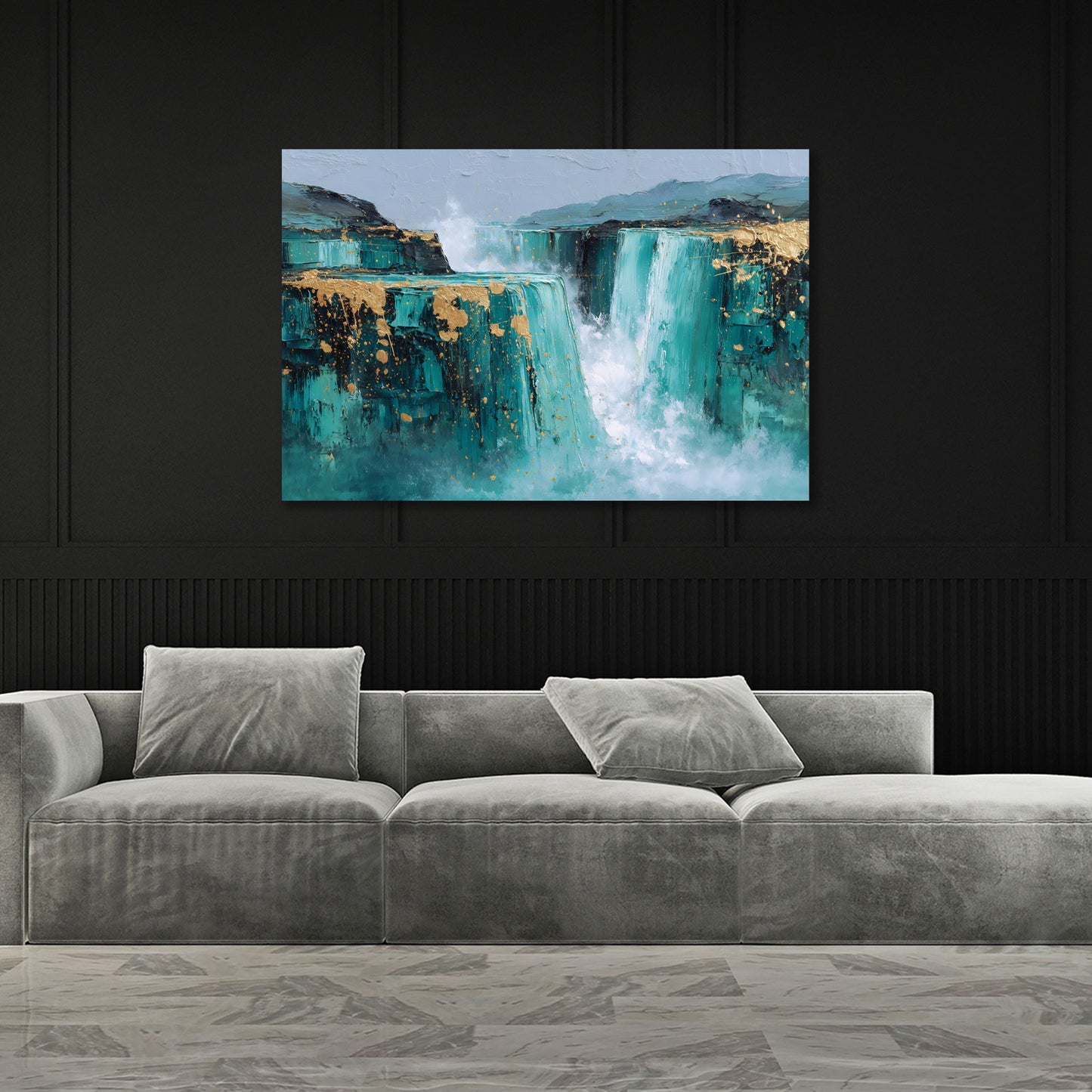Cascata astratta natura turchese roccia accenti oro arte quadro