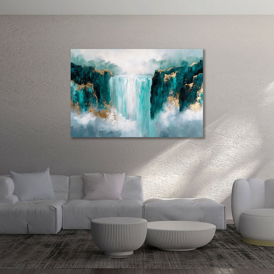 Cascata astratto natura turchese scogliera accenti oro arte quadro