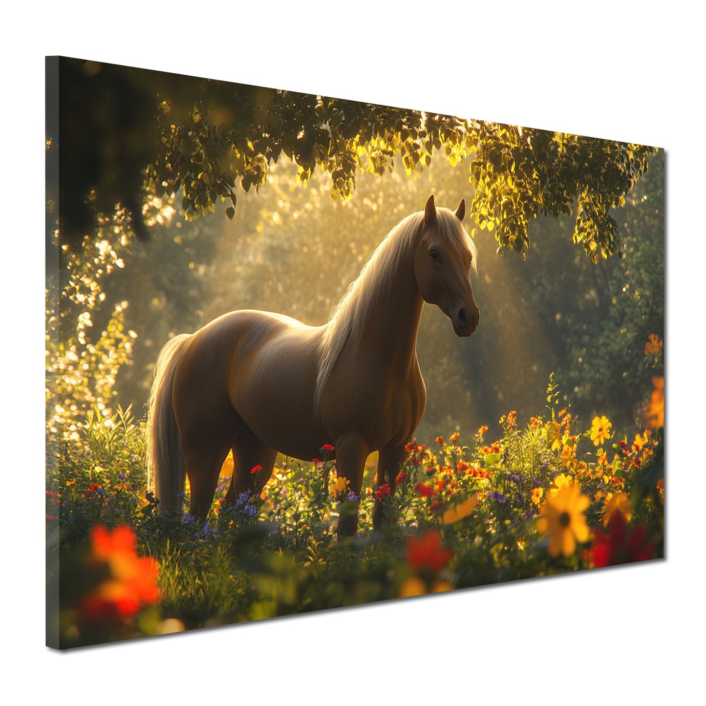 Cavallo elegante prato fiorito luce calda quadro