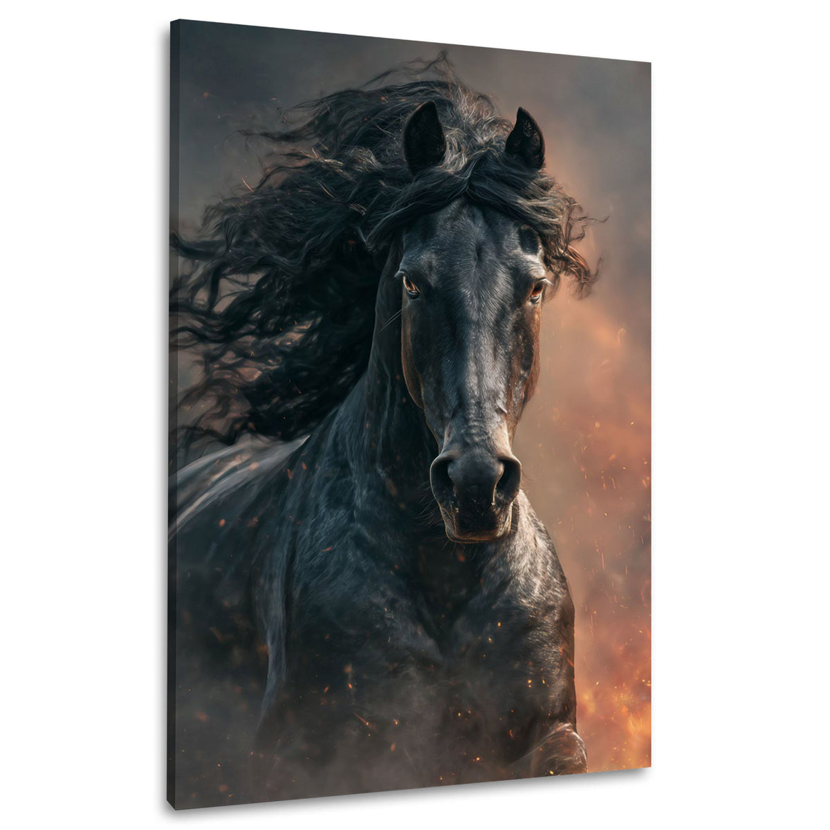 Cavallo nero al galoppo con criniera al vento e polvere quadro