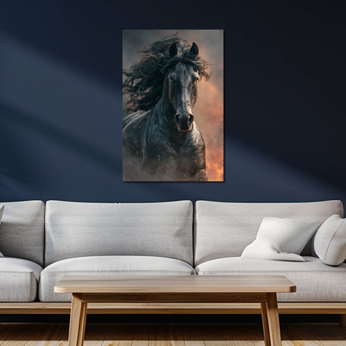 Cavallo nero al galoppo con criniera al vento e polvere quadro