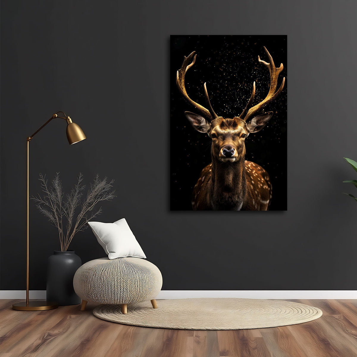 Quadro cervo dorato in soggiorno
