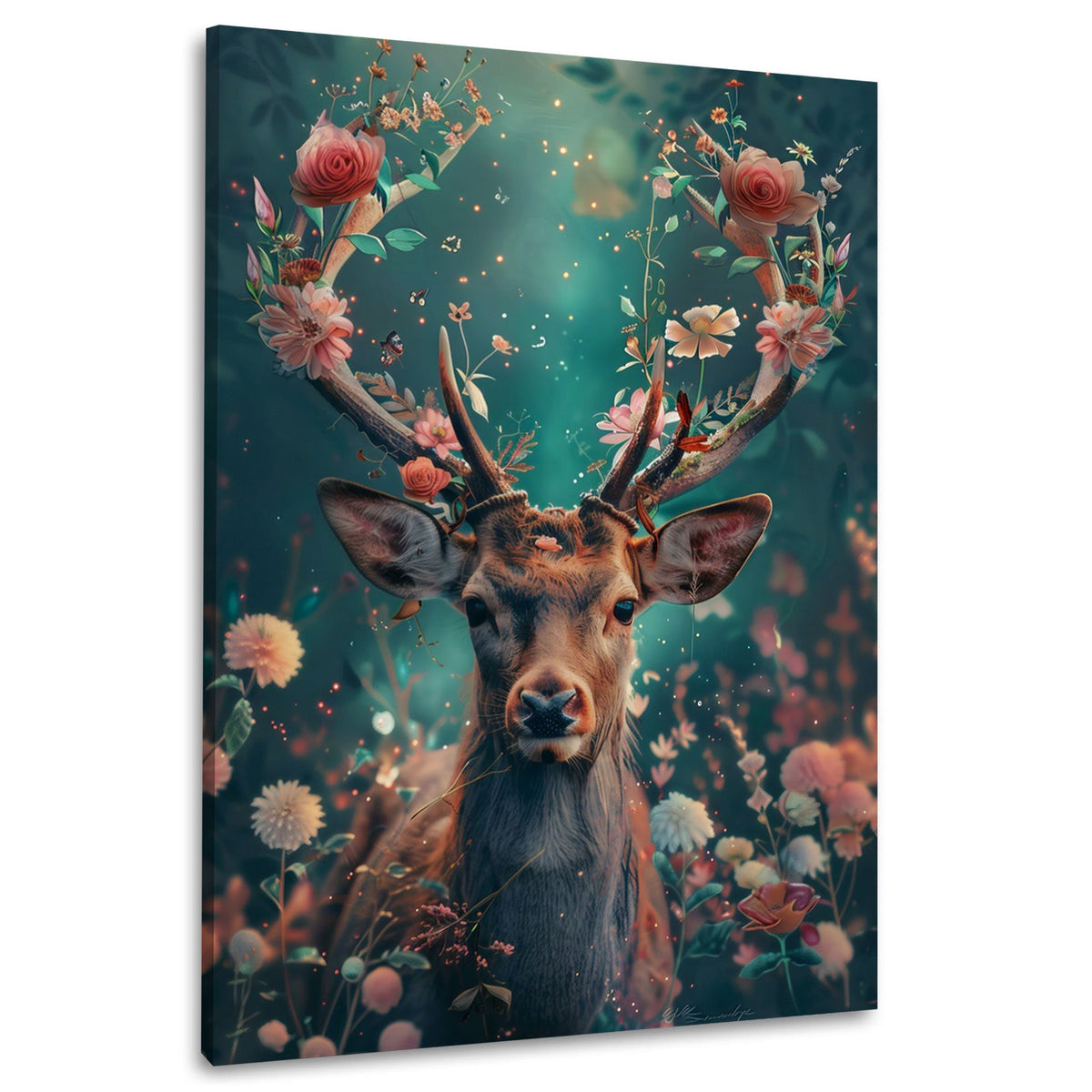 Cervo nel bosco fiorito con rose in stile fiabesco quadro