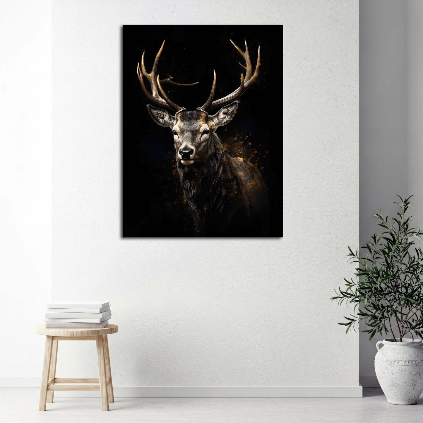 Cervo ritratto corna sfondo nero accenti dorati quadro