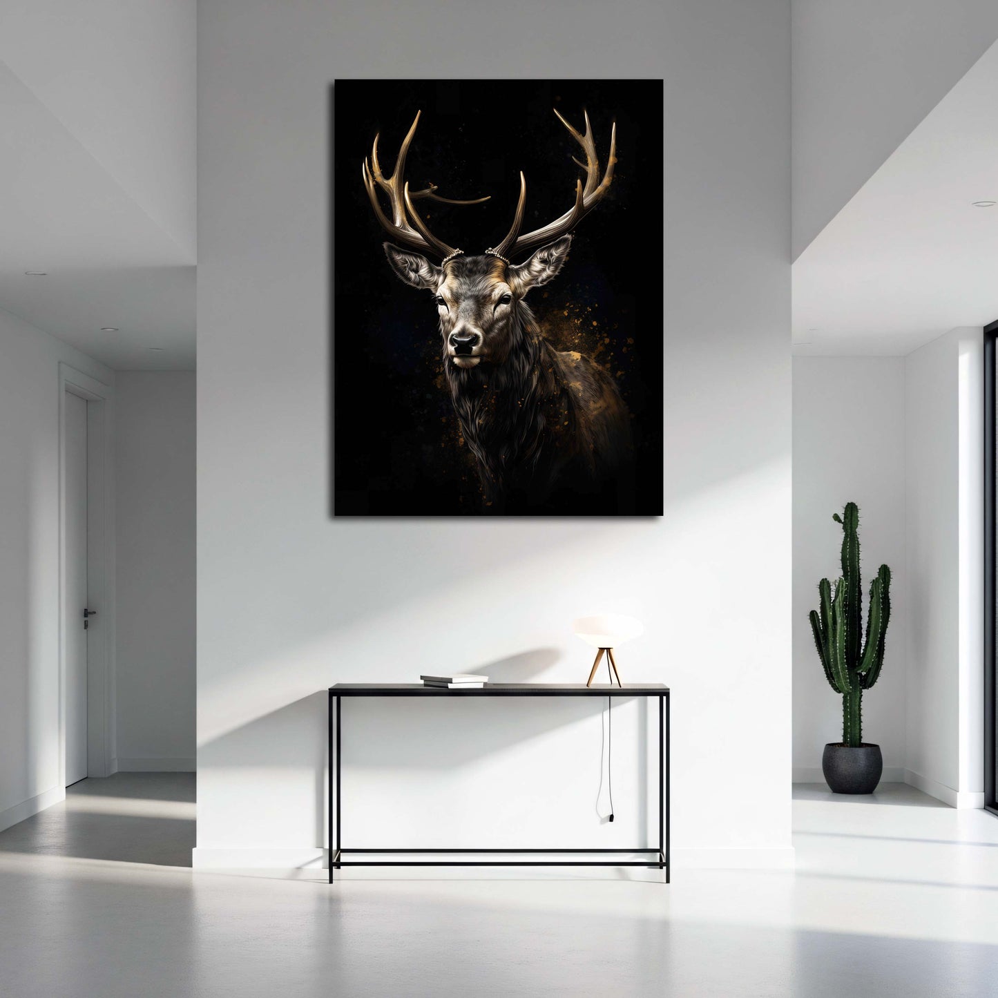 Cervo ritratto corna sfondo nero accenti dorati quadro