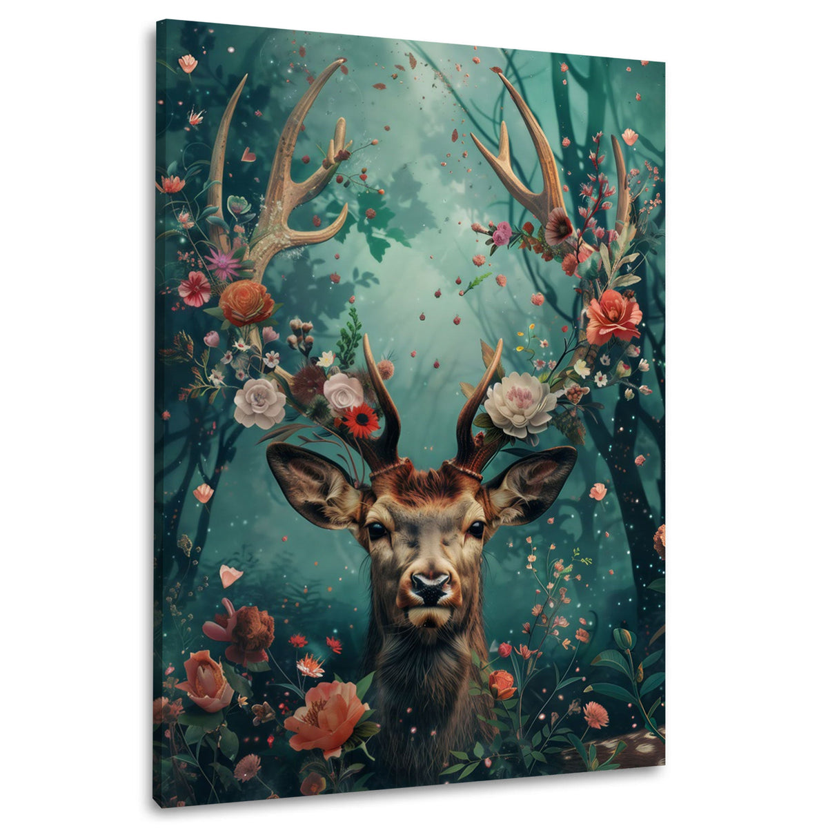 Cervo tra fiori e alberi in atmosfera sognante quadro