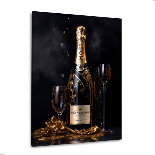 Champagne bottiglia lusso oro eleganza notte quadro