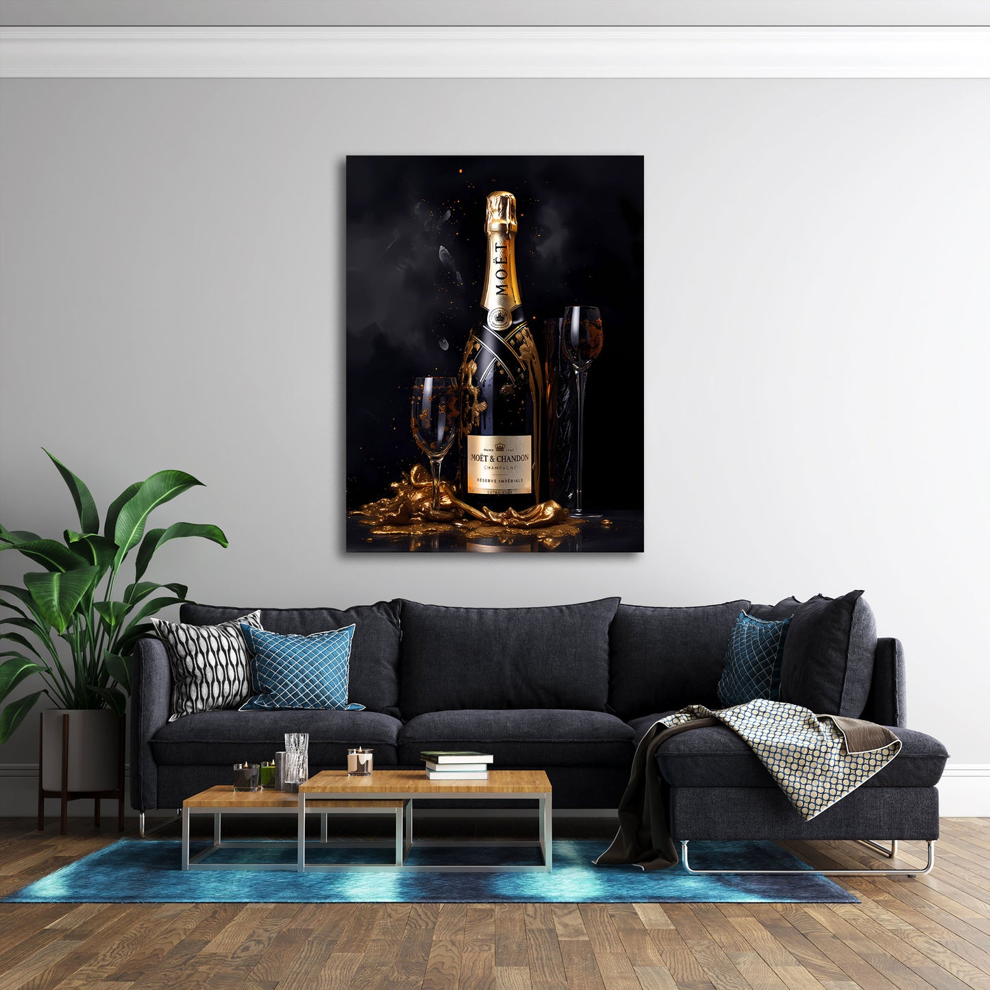 Champagne bottiglia lusso oro eleganza notte quadro