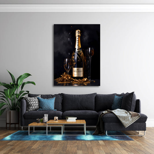 Champagne bottiglia lusso oro eleganza notte quadro