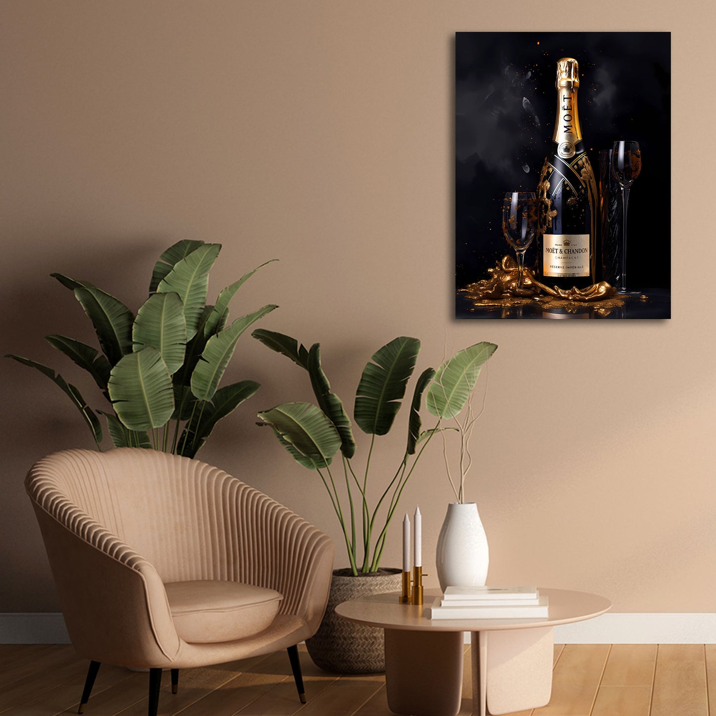 Champagne bottiglia lusso oro eleganza notte quadro
